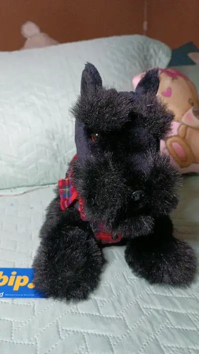 Peluche perro negro con chaleco a cuadros - miniatura 1