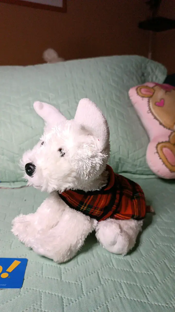 Peluche de perro blanco con chaleco escocés - 2