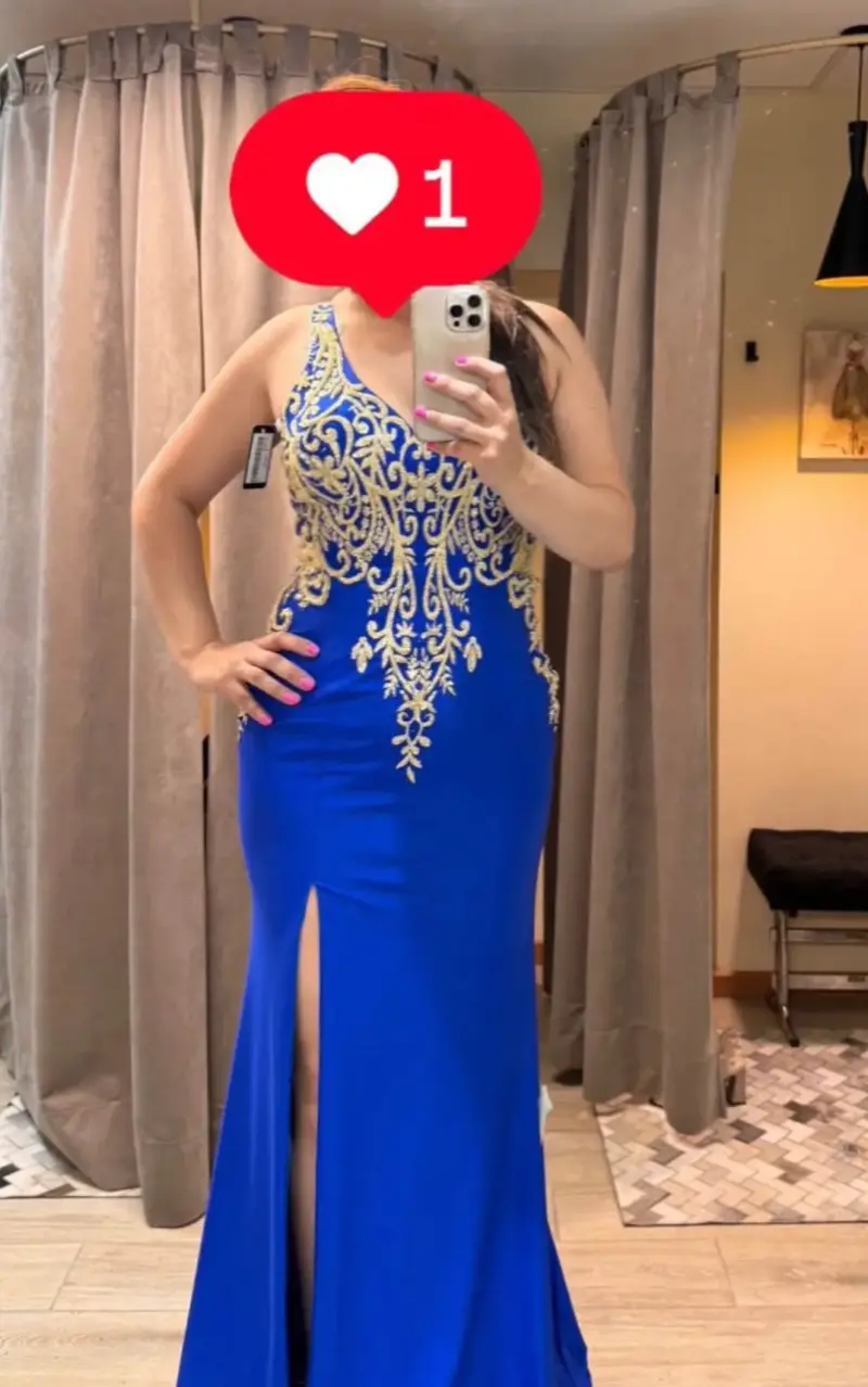 Vestido de noche azul con bordado dorado - 2
