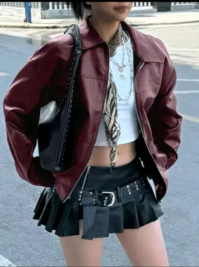 Chaqueta de cuero sintético burdeos para mujer - miniatura 1