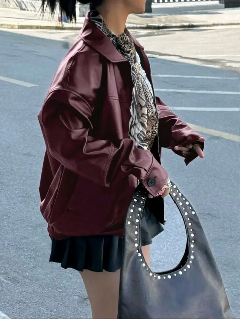 Chaqueta de cuero sintético burdeos para mujer - 2