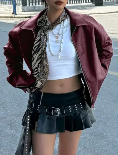 Chaqueta de cuero sintético burdeos para mujer - miniatura 3