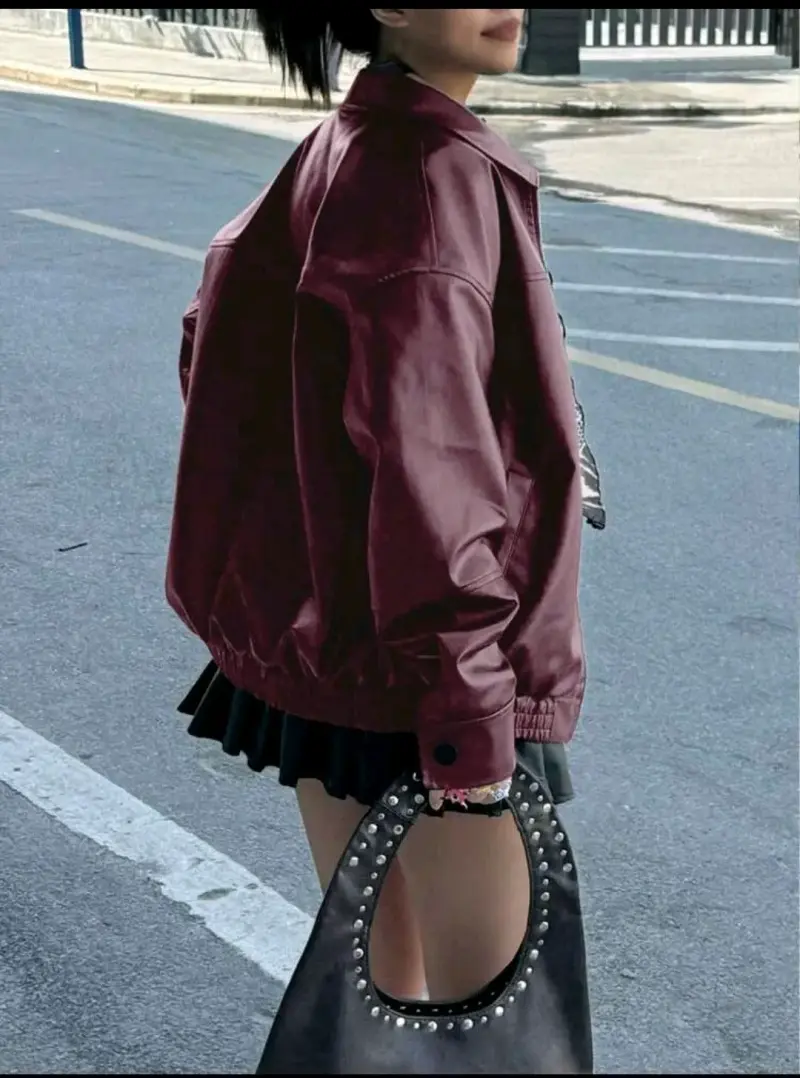 Chaqueta de cuero sintético burdeos para mujer - 4