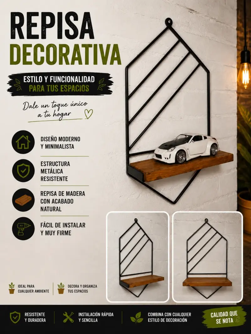 Repisa decorativa moderna fierro y madera