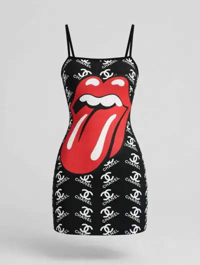 Vestido negro con diseño de labios y logos - miniatura 3