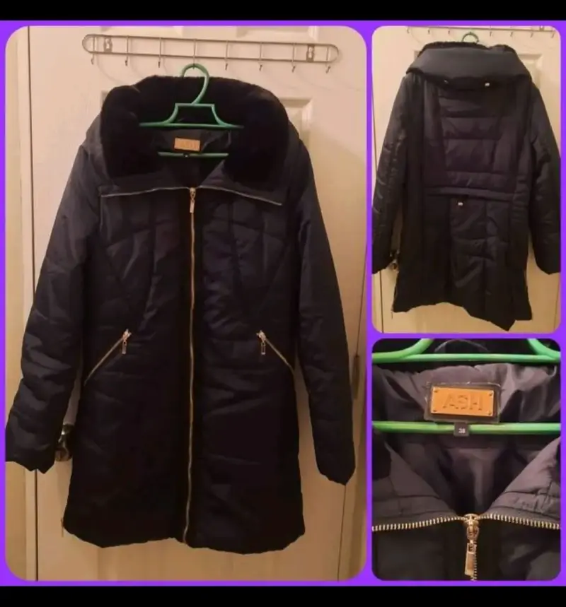 Parka larga azul con cuello de piel sintética - 3