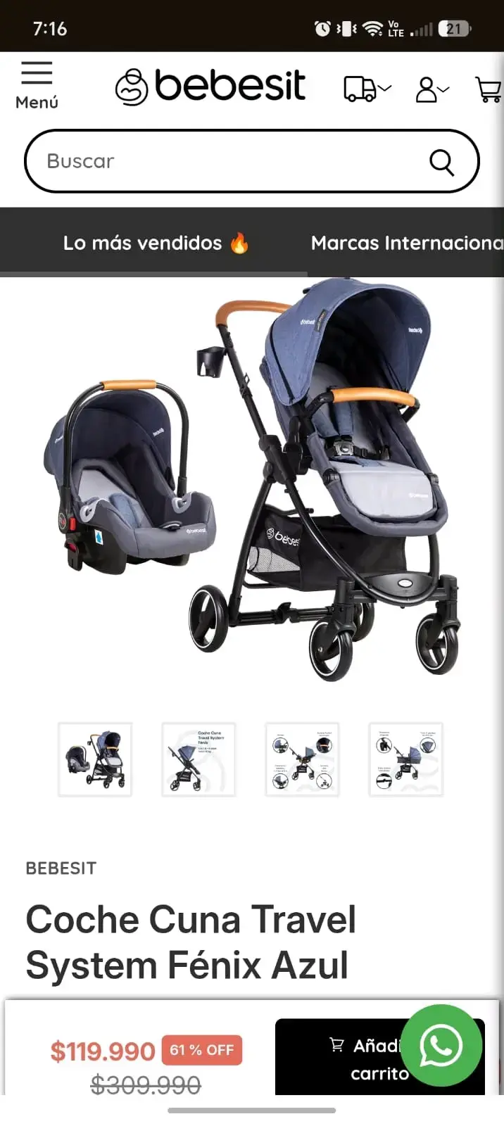 Coche Cuna Bebesit Travel System Fénix Azul - 1
