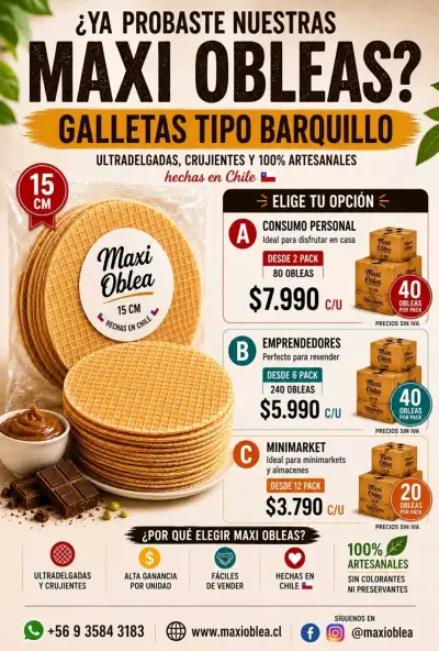 Maxi Obleas Galletas Tipo Barquillo 15 cm - miniatura 1