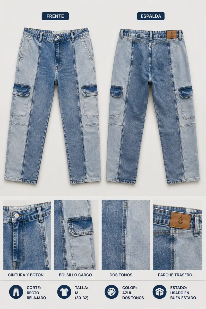 Jeans cargo azul dos tonos con bolsillos