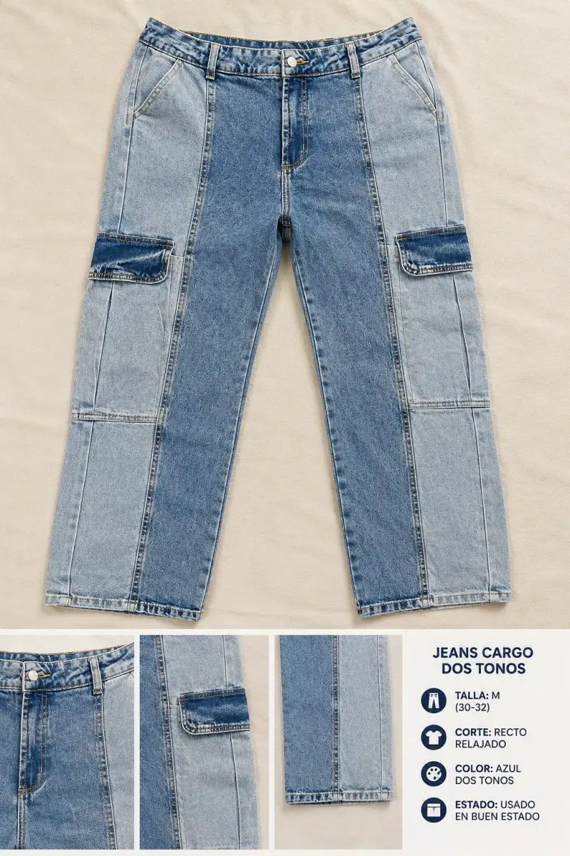 Jeans cargo azul dos tonos con bolsillos - 2