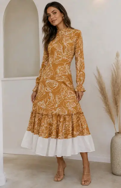 Vestido largo estampado marrón con volantes - miniatura 1