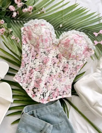 Corset floral bordado con encaje - miniatura 1