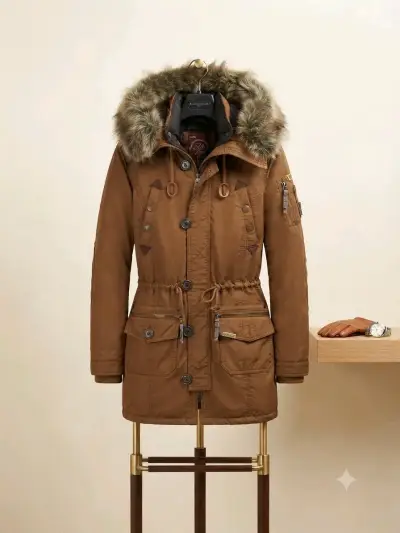 Parka marrón con gorro de piel sintética para muj - miniatura 1
