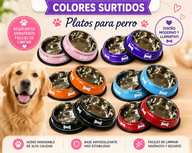 Platos para perro de acero inoxidable colores surtidos