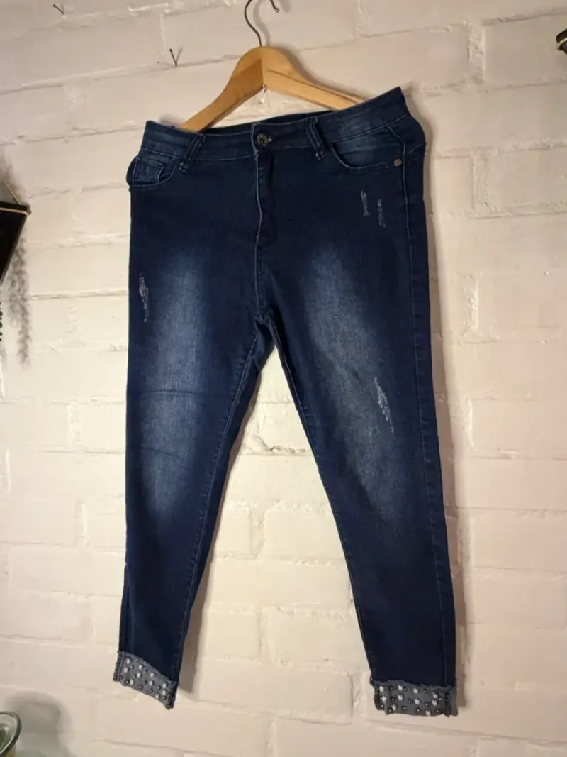 Jeans de Mujer Azul con Detalles de Perlas - 1