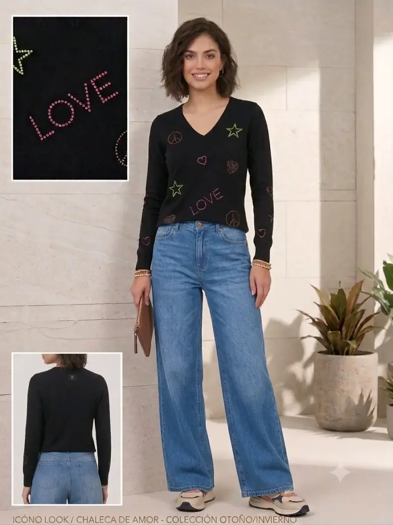 Suéter azul decorado con tachas talla S