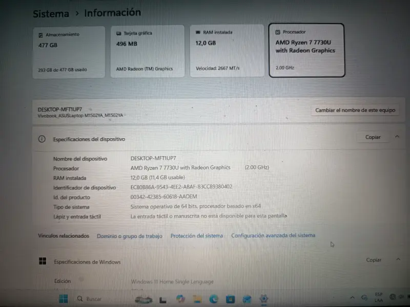 Laptop ASUS Vivobook AMD Ryzen 7 7730U 12GB RAM - 1