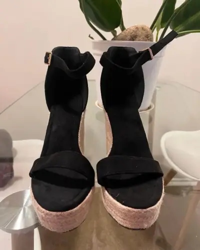 Sandalias de cuña negras con plataforma de yute - miniatura 2