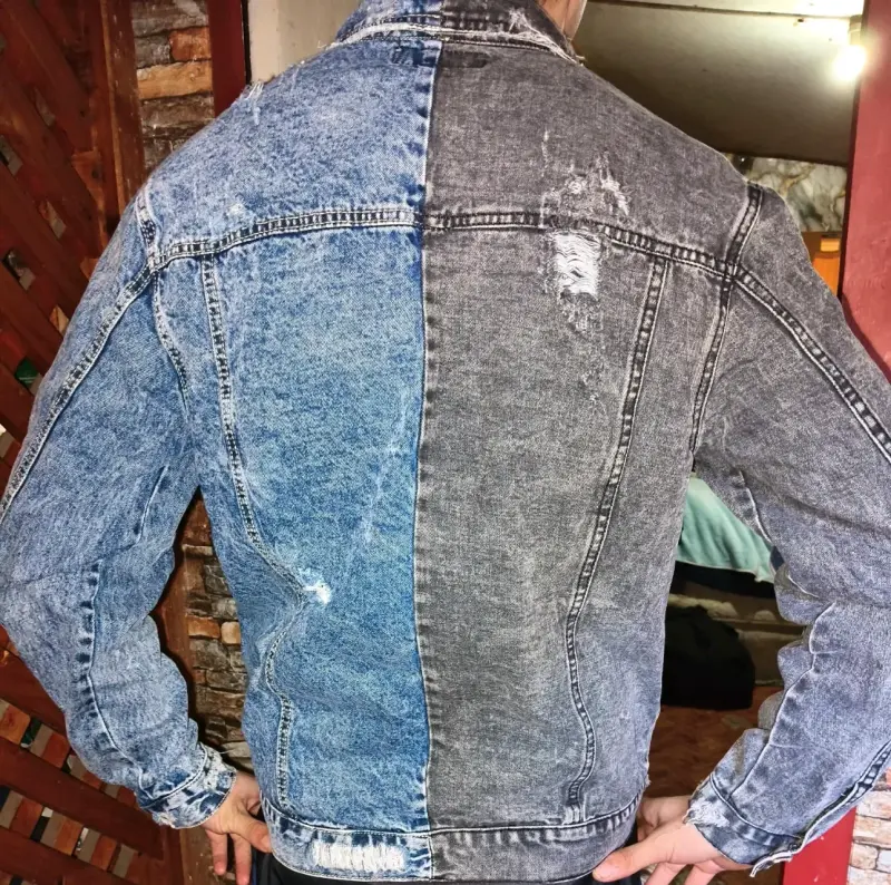 Chaqueta de mezclilla bicolor desgastada para hombre - 2