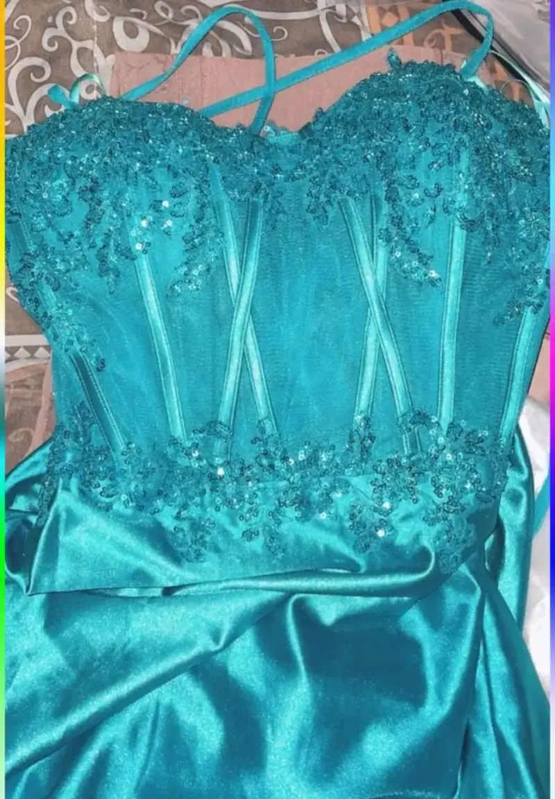 Vestido de fiesta largo azul turquesa con encaje - 2