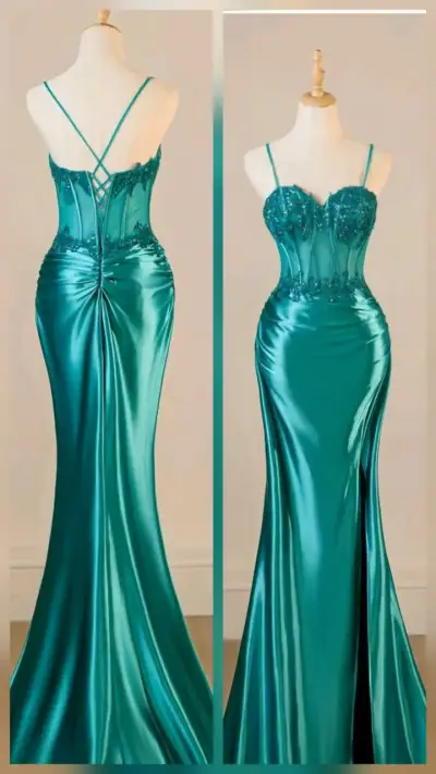 Vestido de fiesta largo azul turquesa con encaje - miniatura 3