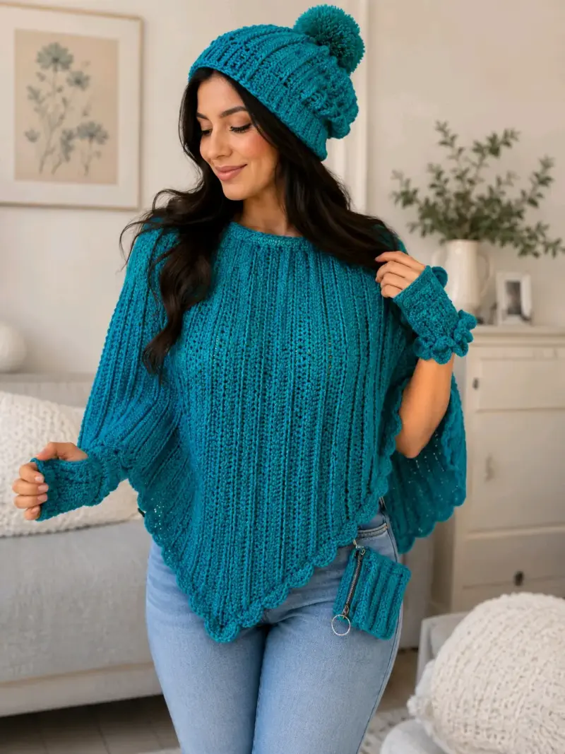 Conjunto de poncho y gorro tejido azul