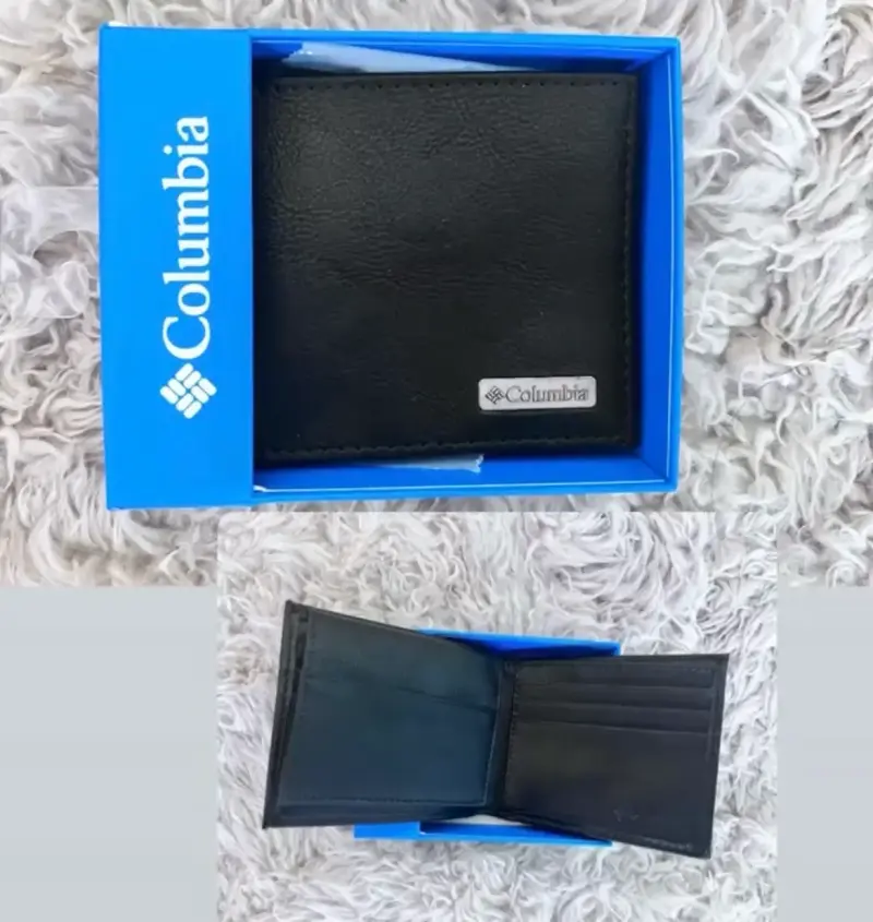 Billetera de cuero negra Columbia en caja