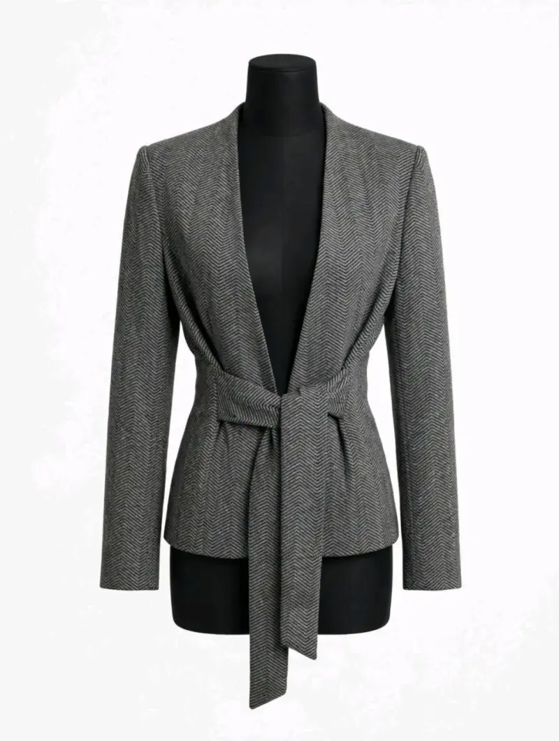 Blazer de mujer gris con cinturón - 1