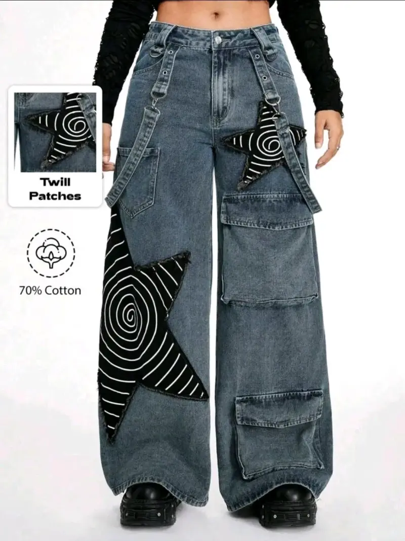 Pantalones anchos de mezclilla con parches - 1