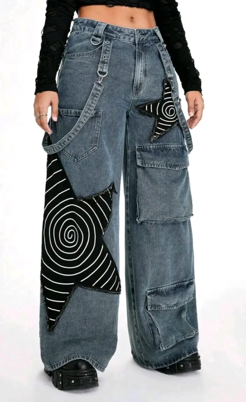 Pantalones anchos de mezclilla con parches - 5
