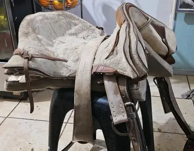Montura de caballo de cuero y lana en buen estado - miniatura 1