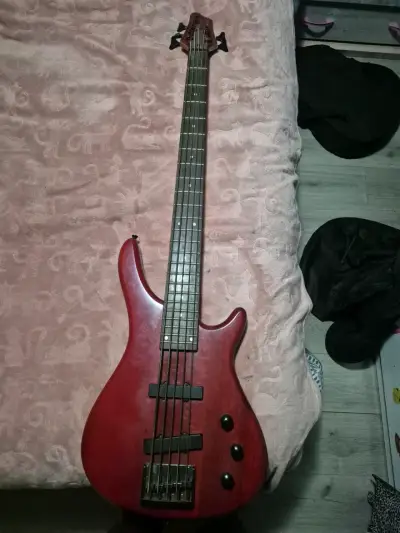 Bajo eléctrico rojo de 5 cuerdas - miniatura 4