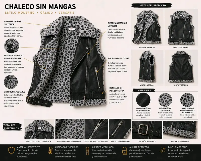 Chaleco sin mangas de cuero sintético con forro de piel - 3