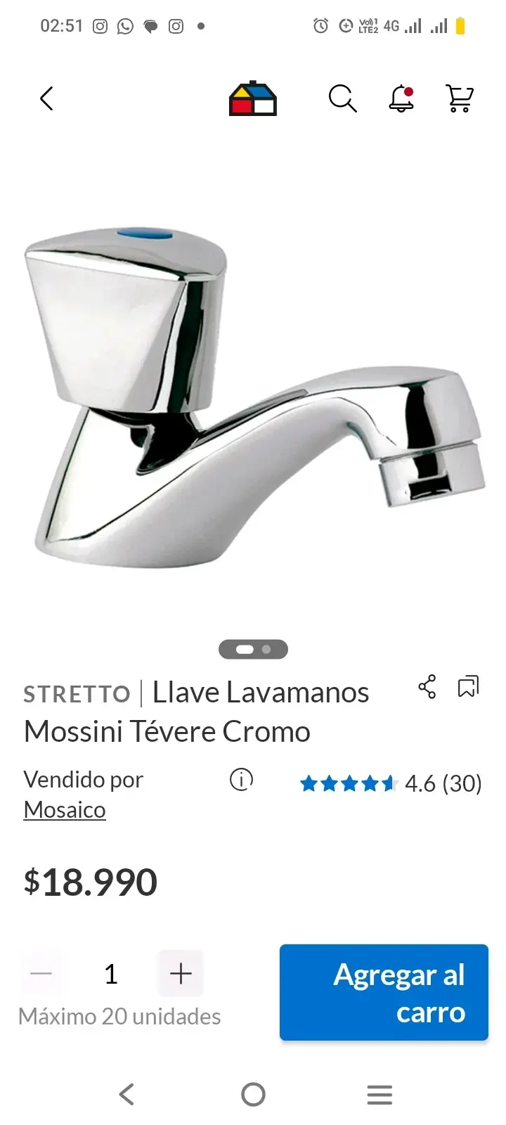 Llave Lavamanos Stretto Mossini Tévere Cromo - 1