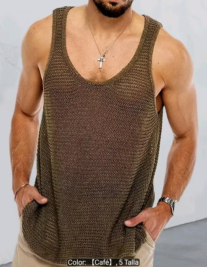 Polera muculosa de punto café para hombre talla L - 5