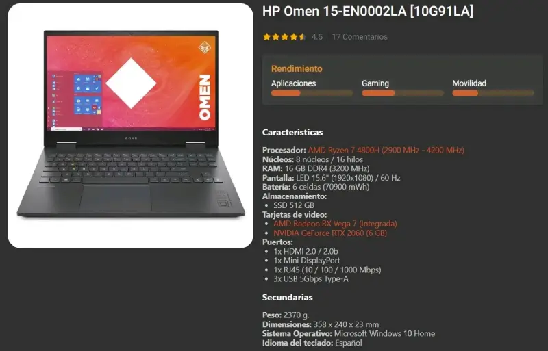 Laptop HP Omen con AMD Ryzen 7 y NVIDIA RTX - 6