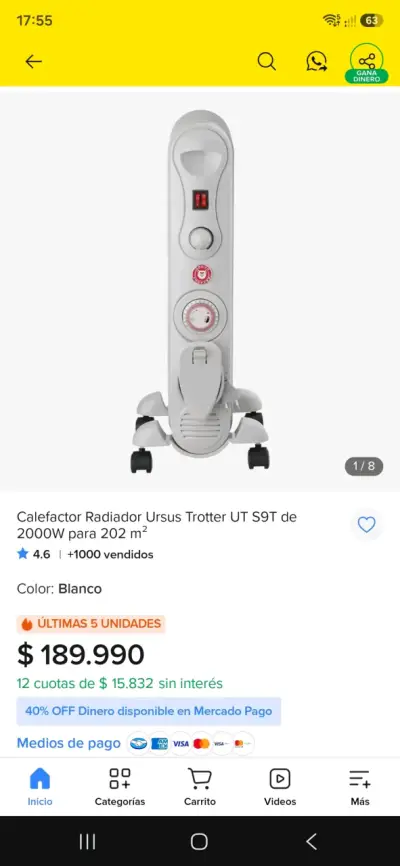 Calefactor Radiador Ursus Trotter UT S9T 2000W Blanco - miniatura 1