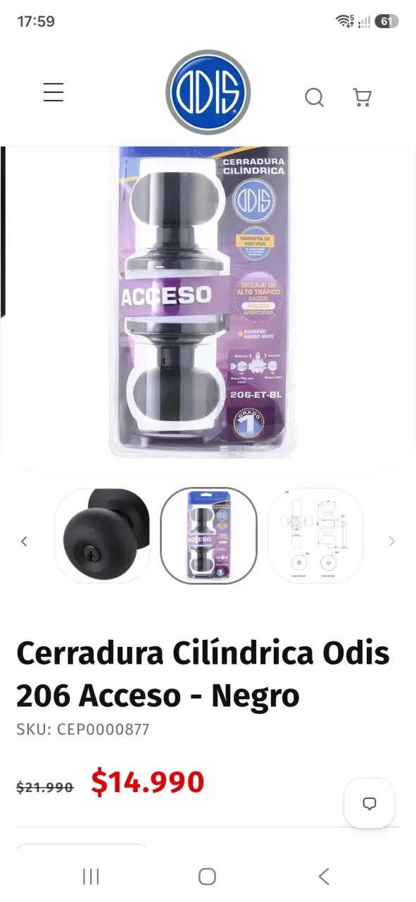 Cerradura Cilíndrica Odis 206 Acceso Negro - 3