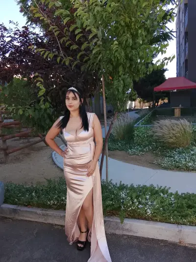 Vestido de fiesta largo color champagne - miniatura 1