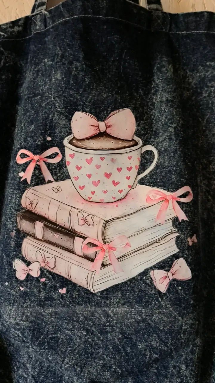 Bolso tote de mezclilla con diseño de taza y libros - 2