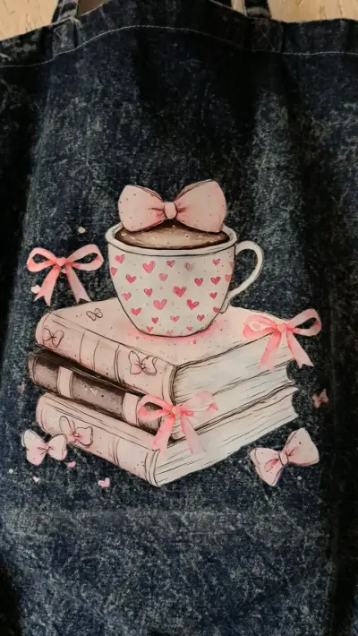 Bolso tote de mezclilla con diseño de taza y libros - miniatura 2