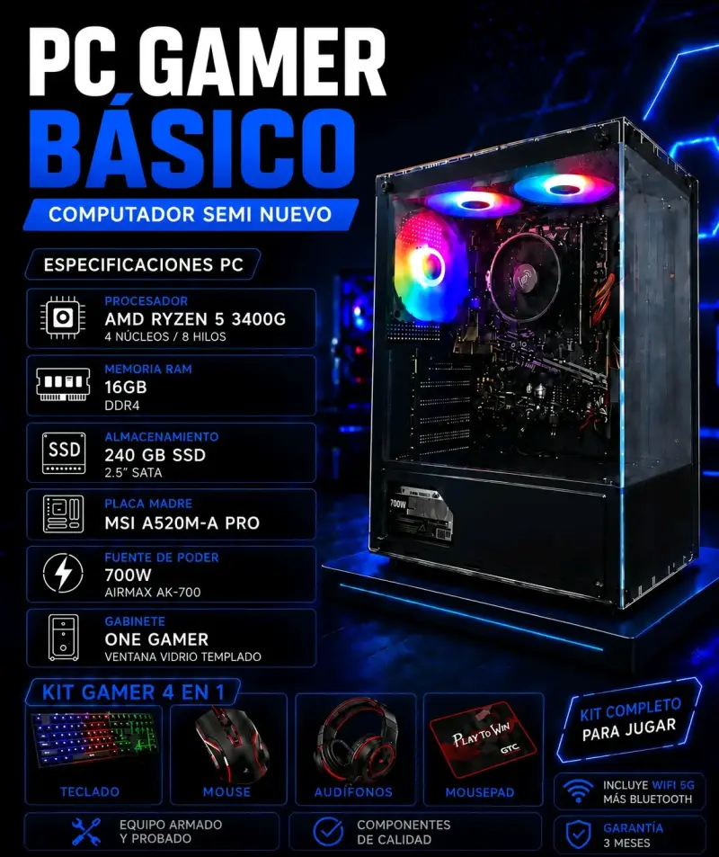 PC Gamer Básico AMD Ryzen 5 3400G 16GB RAM