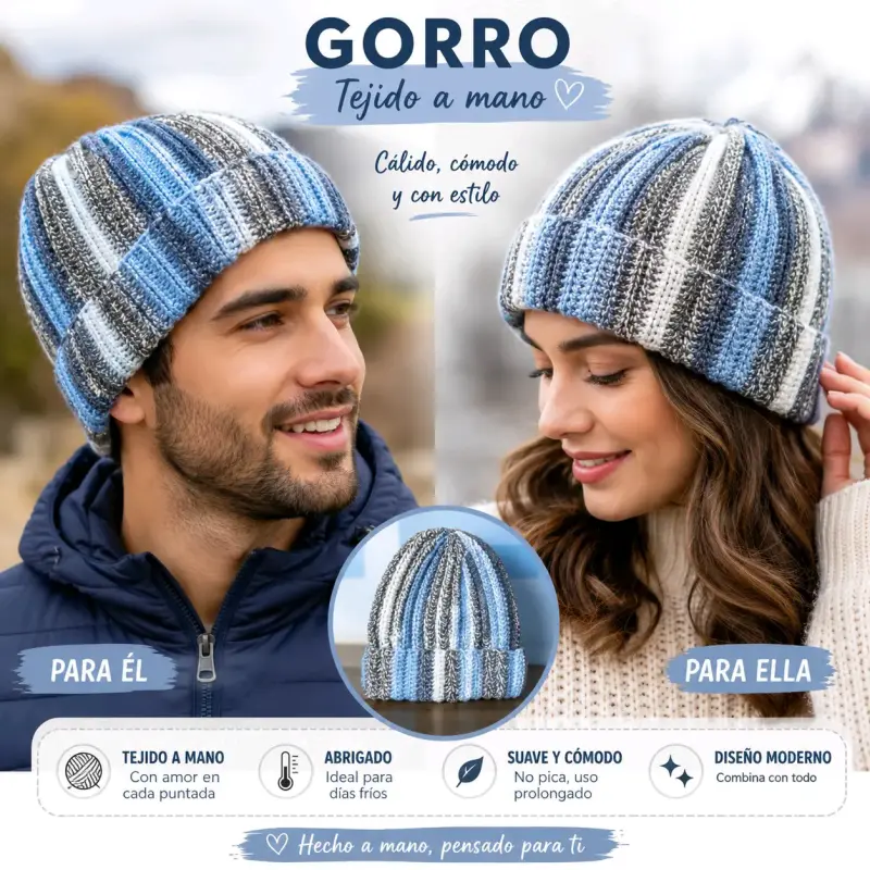 Gorro tejido a mano unisex azul y gris - 2