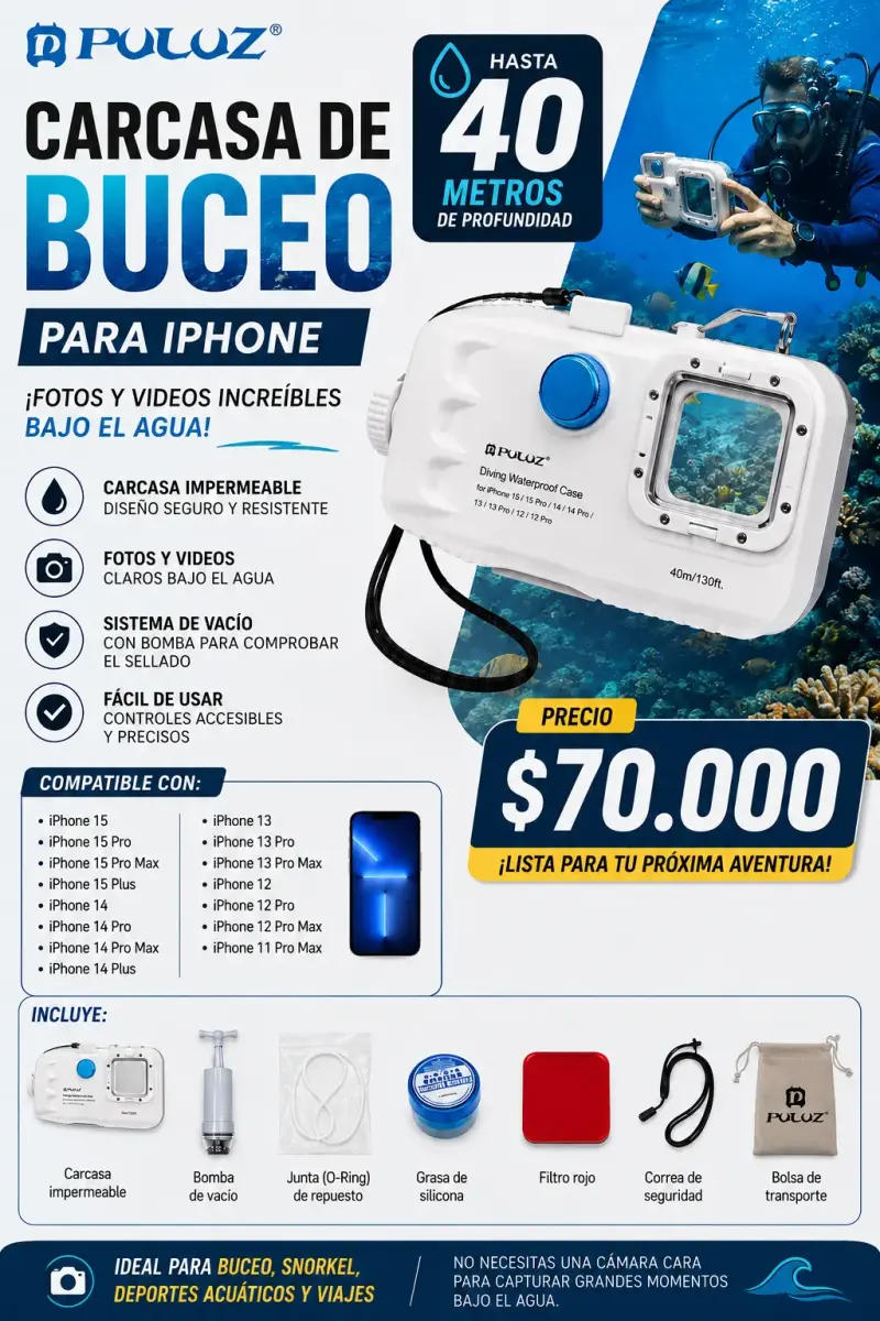 Carcasa de buceo Puluz para iPhone hasta 40m - 1