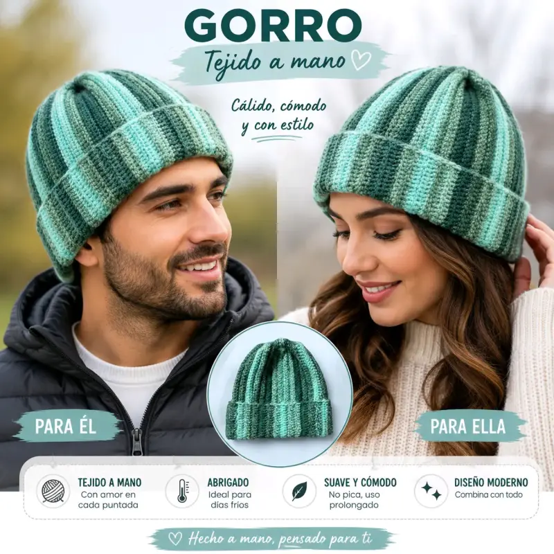 Gorro tejido a mano verde cálido y cómodo - 2