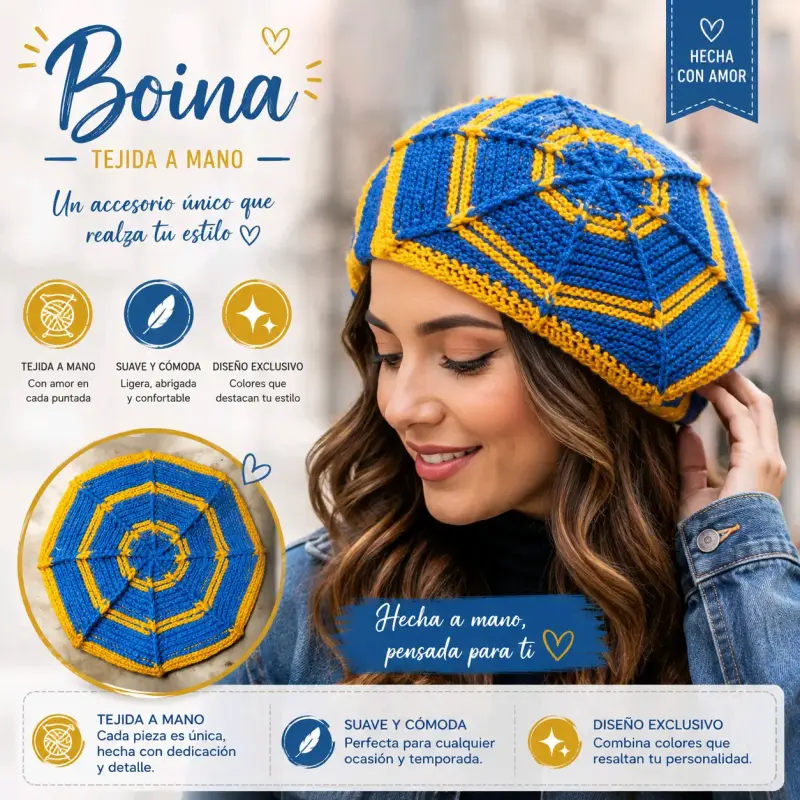 Boina tejida a mano azul y amarilla - 2