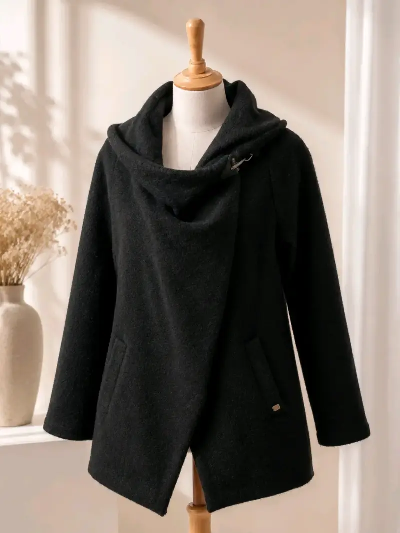 Abrigo negro con diseño moderno para mujer