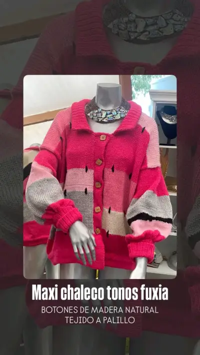 Maxi chaleco fucsia tejido a mano - miniatura 1