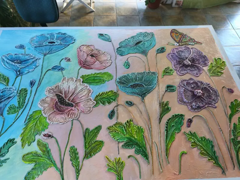 Cuadro de Arte en Relieve con Flores y Mariposa - 2