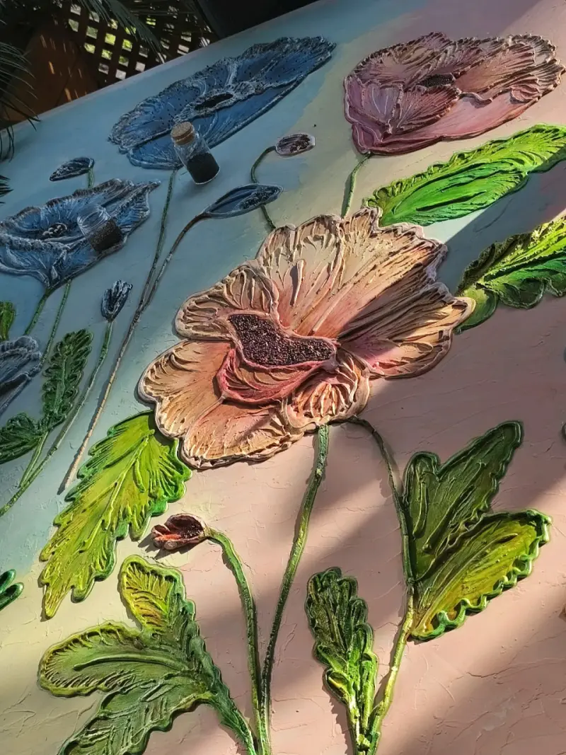 Cuadro de Arte en Relieve con Flores y Mariposa - 4